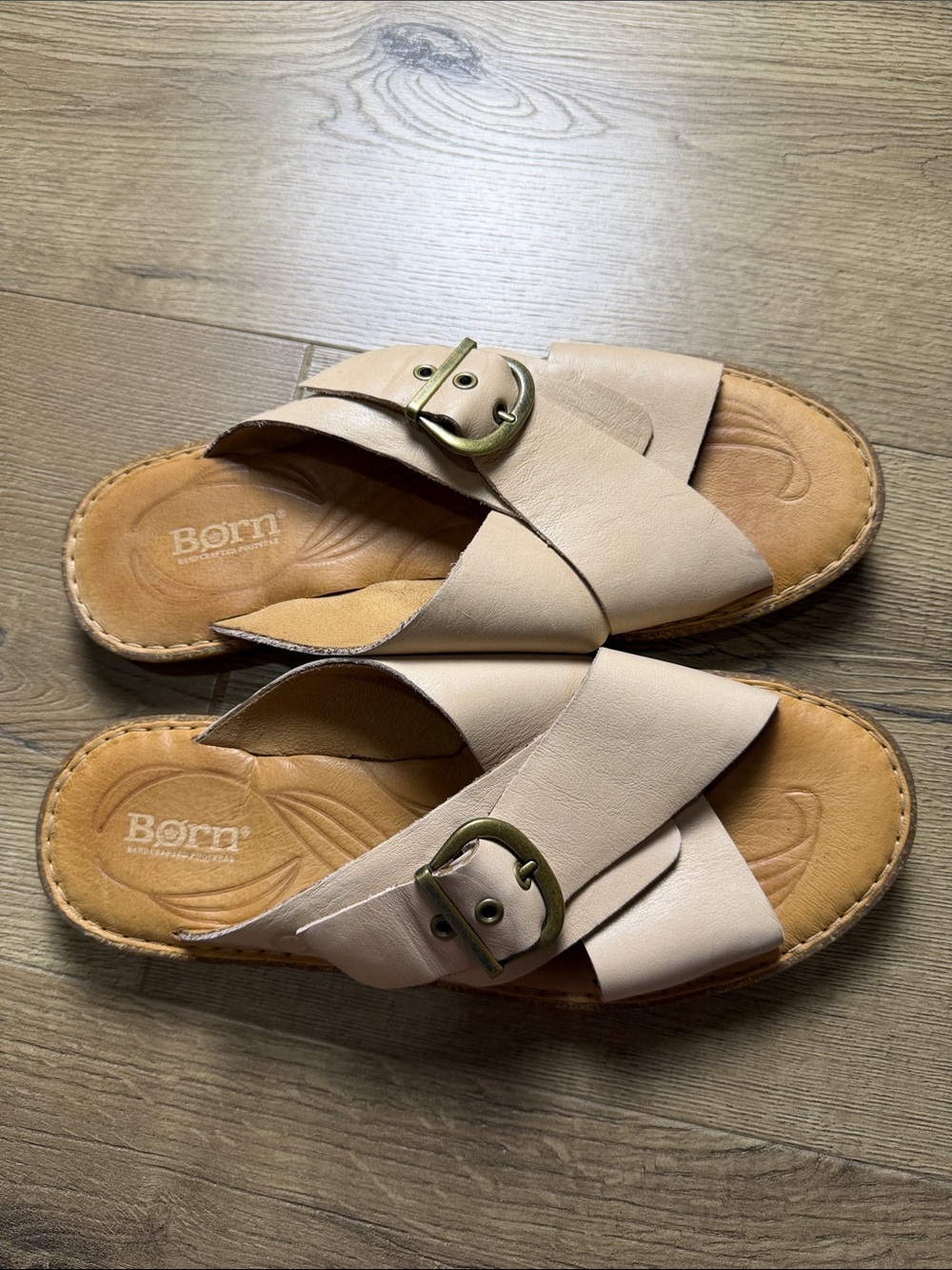 Born Taupe Leather Slide Sandals with Buckle , 10. Like new!